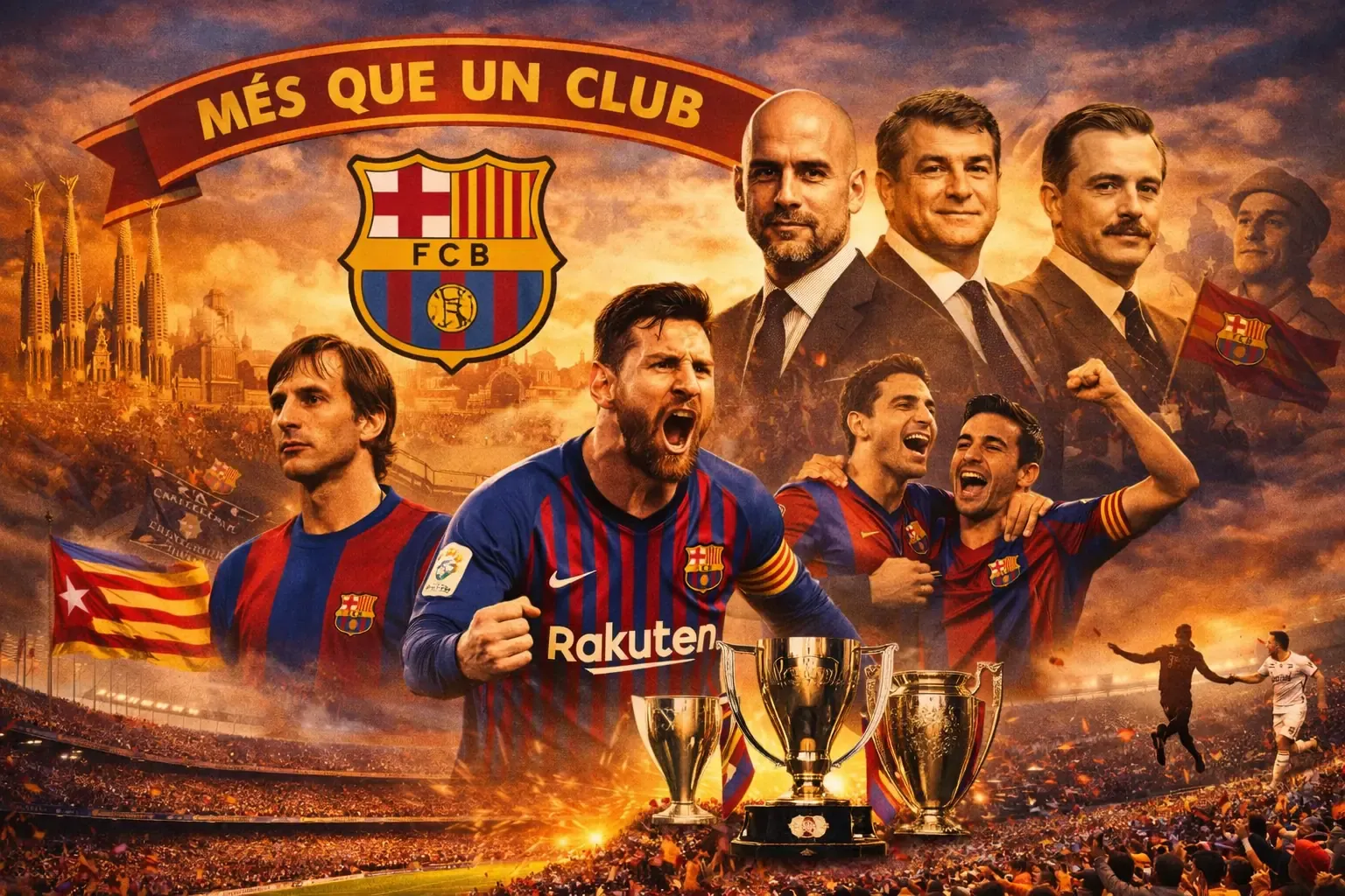 FC Barcelona history poster featuring Guardiola, Laporta, Gamper, Messi and Camp Nou celebrating La Liga success