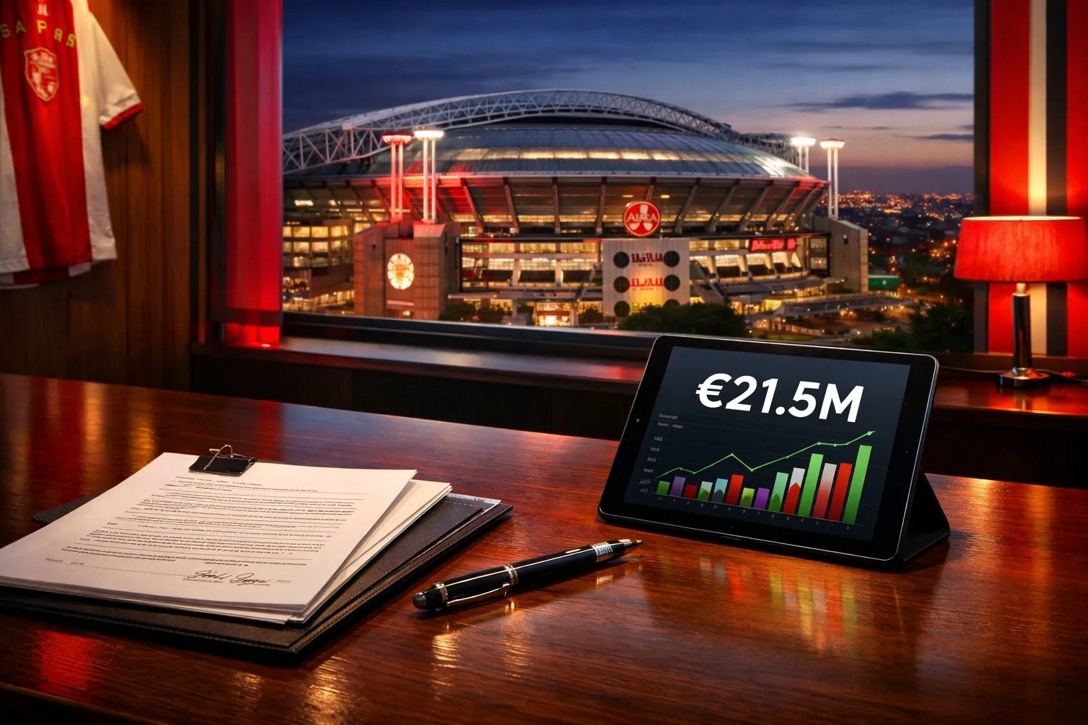 A cinematic editorial photograph of a modern office overlooking the Johan Cruyff Arena in Amsterdam, featuring a leather folder with the Ajax crest and a digital tablet displaying a financial chart with a prominent €21.5M figure, representing the club's spending on agent fees.