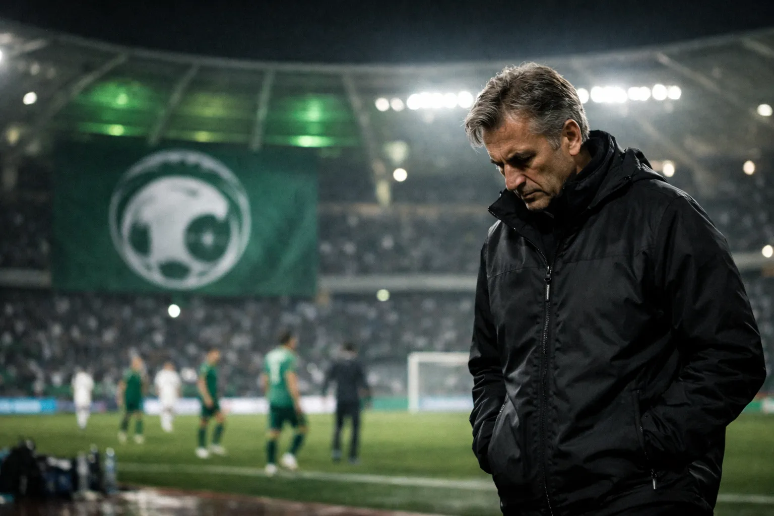 A somber football manager, resembling Herve Renard, walking away from a modern Saudi Arabian stadium at night, with the national team crest blurred in the background, symbolizing a managerial change.