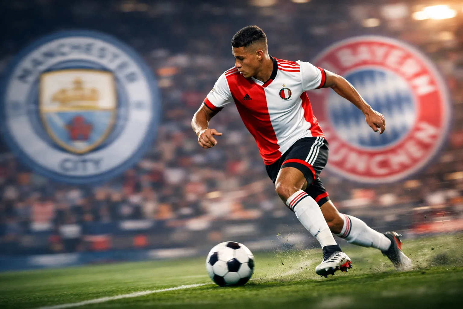 dynamic action shot of a young footballer, resembling Givairo Read, in a Feyenoord-style kit dribbling the ball, with blurred Manchester City and Bayern Munich crests in the background, indicating transfer interest.