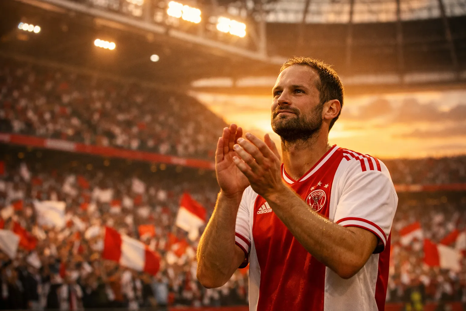 A veteran defender in an Ajax kit applauding fans at the Johan Cruyff Arena during sunset, capturing the emotion of a homecoming.