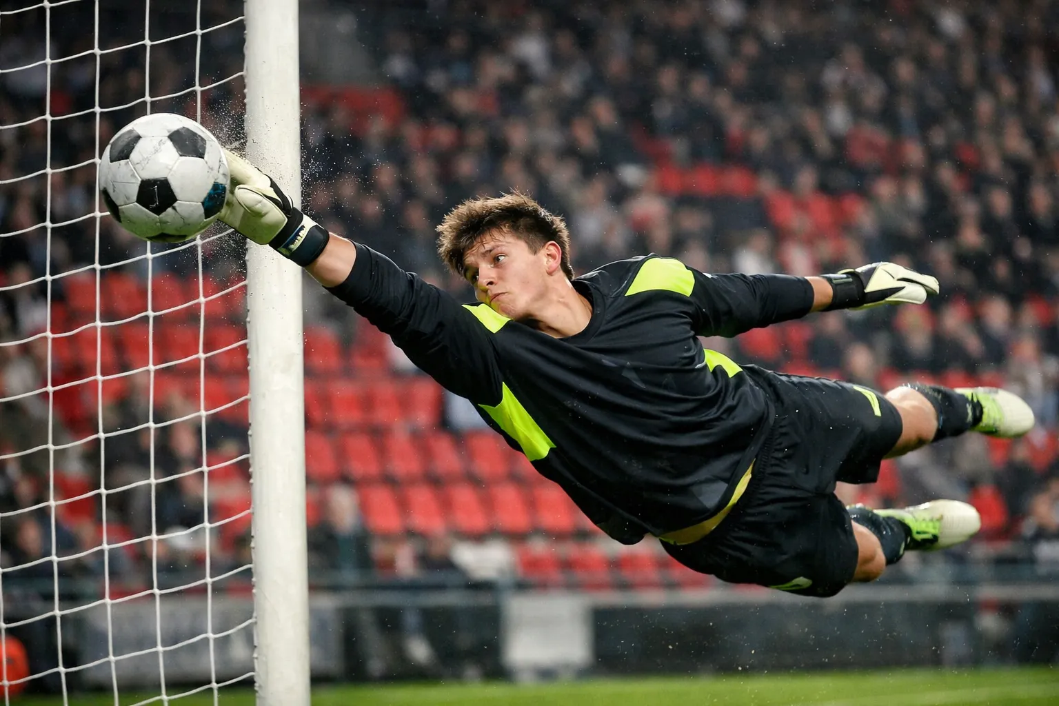 A young goalkeeper in a PSV Eindhoven kit making a spectacular save at the Philips Stadion.