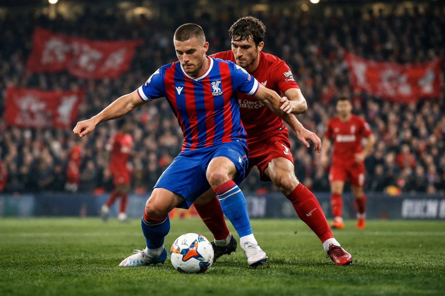 A composed defensive midfielder in a Crystal Palace kit controlling the ball under pressure from a Liverpool player.
