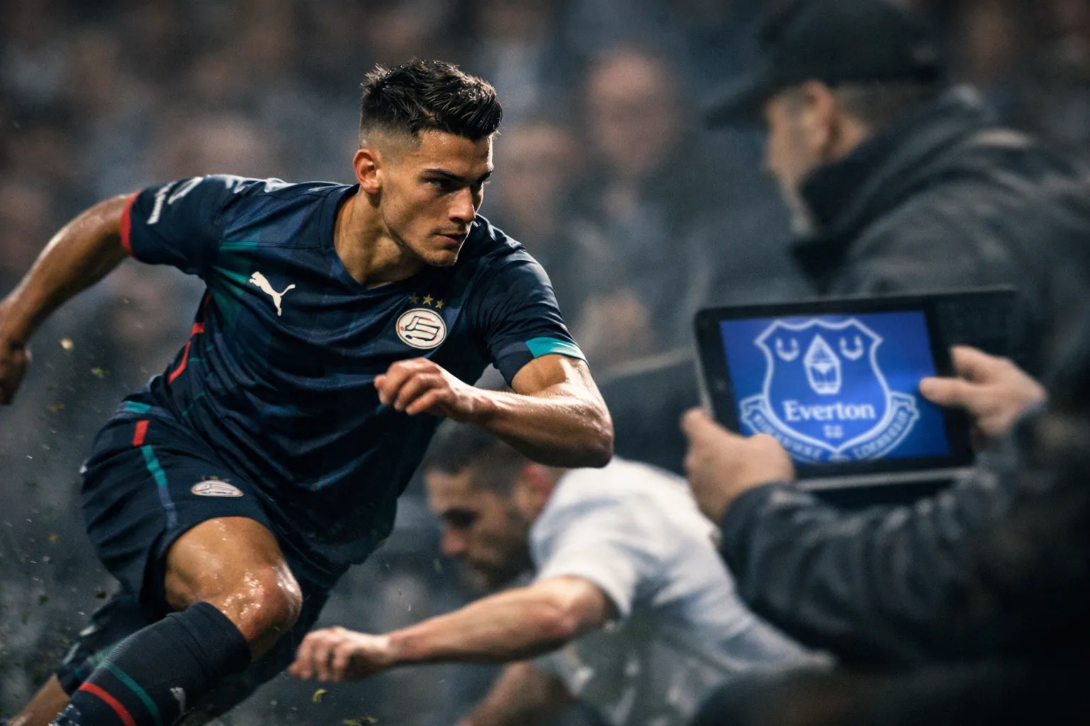 A fast winger in a PSV Eindhoven kit sprinting, with a blurred Everton crest on a scout's tablet in the background.