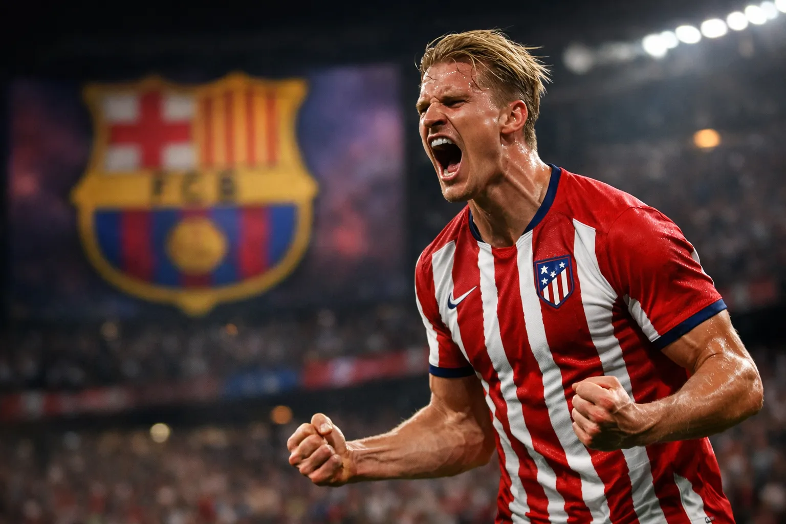 A powerful striker in an Atletico Madrid kit celebrating a goal, with a blurred Barcelona crest in the background.