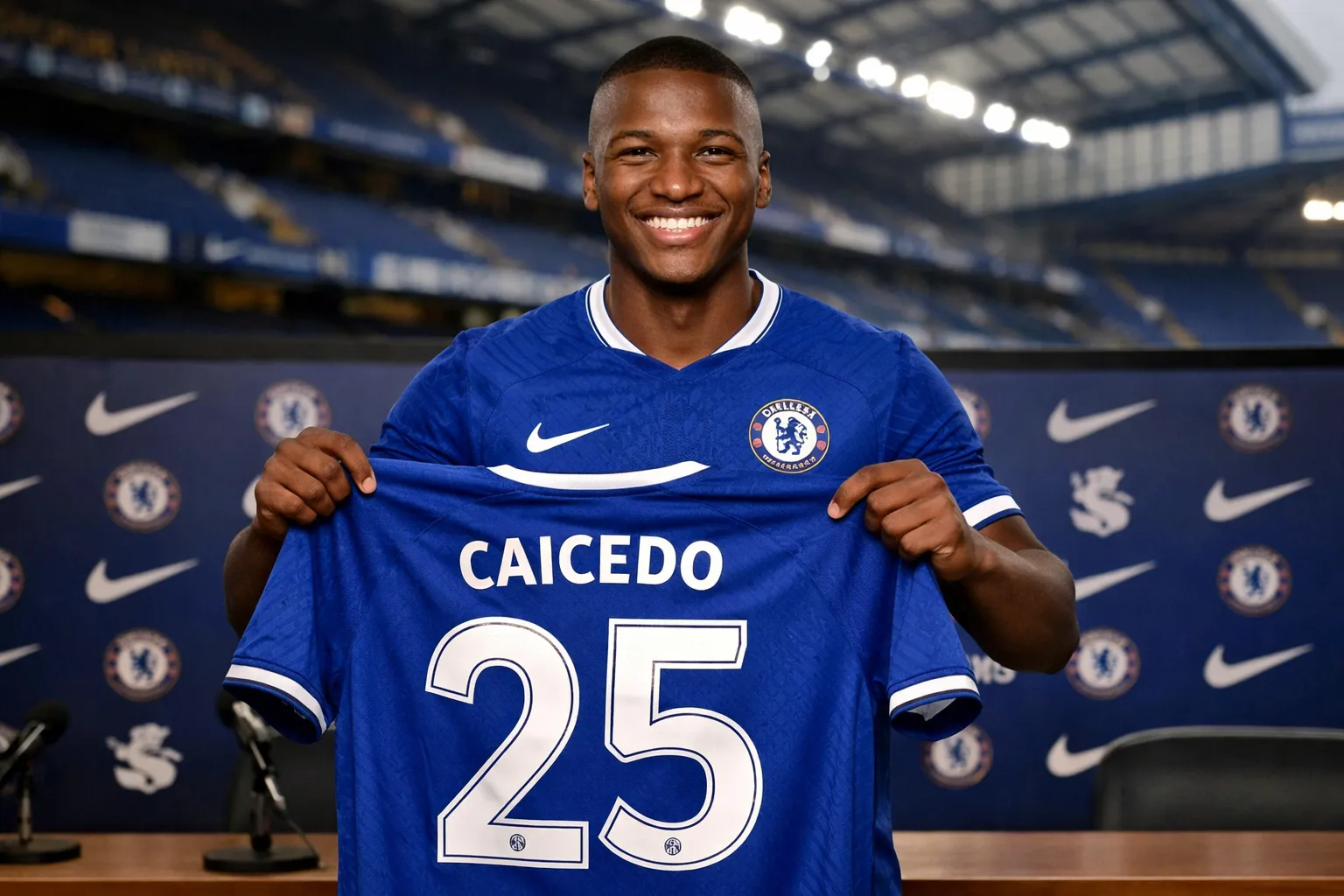 A joyful midfielder in a Chelsea kit holding up a signed jersey at Stamford Bridge, celebrating a long-term contract extension.