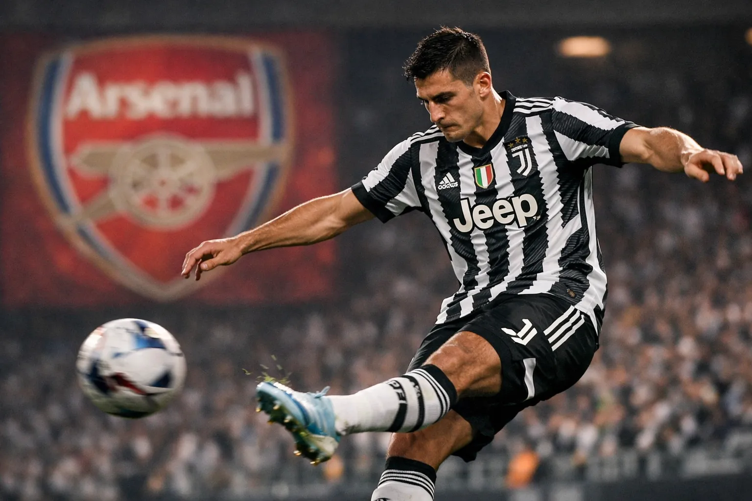 A versatile full-back in a Juventus kit making a cross, with a blurred Arsenal crest on a stadium screen.