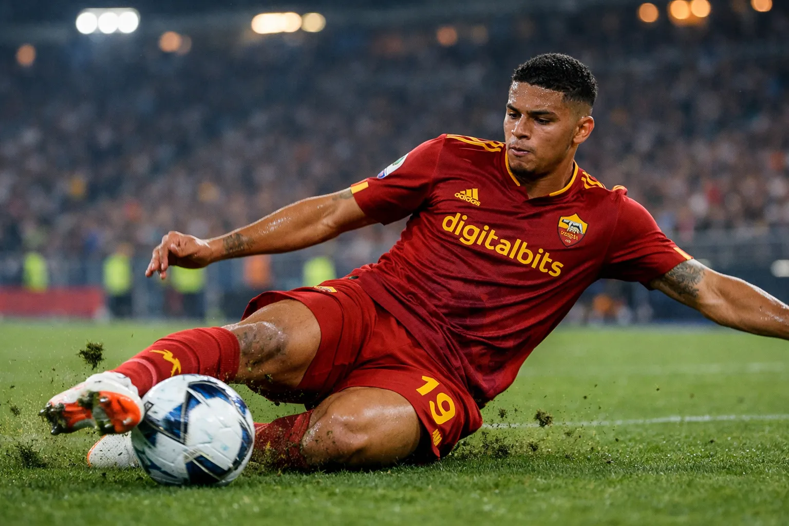 A recognizable representation of Devyne Rensch, a young and athletic defender, wearing an AS Roma home kit in a defensive action pose at the Stadio Olimpico.