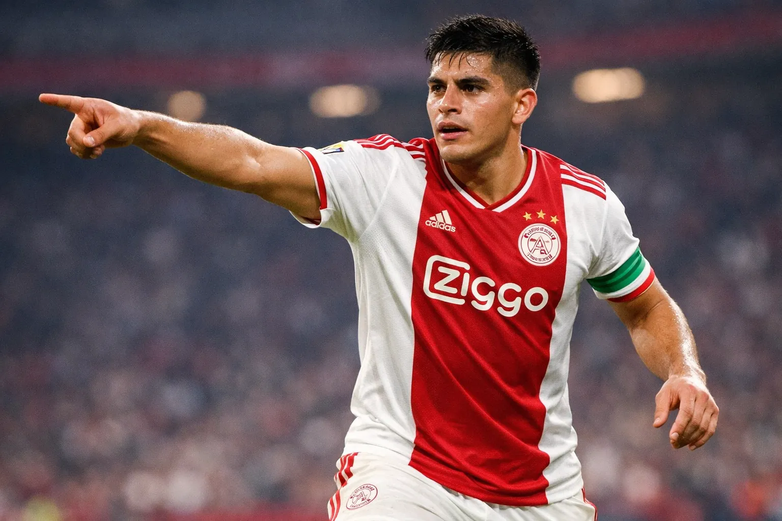 A recognizable representation of Érik Lira, a technical Mexican midfielder, wearing an Ajax home kit in a dynamic midfield pose at the Johan Cruyff Arena.