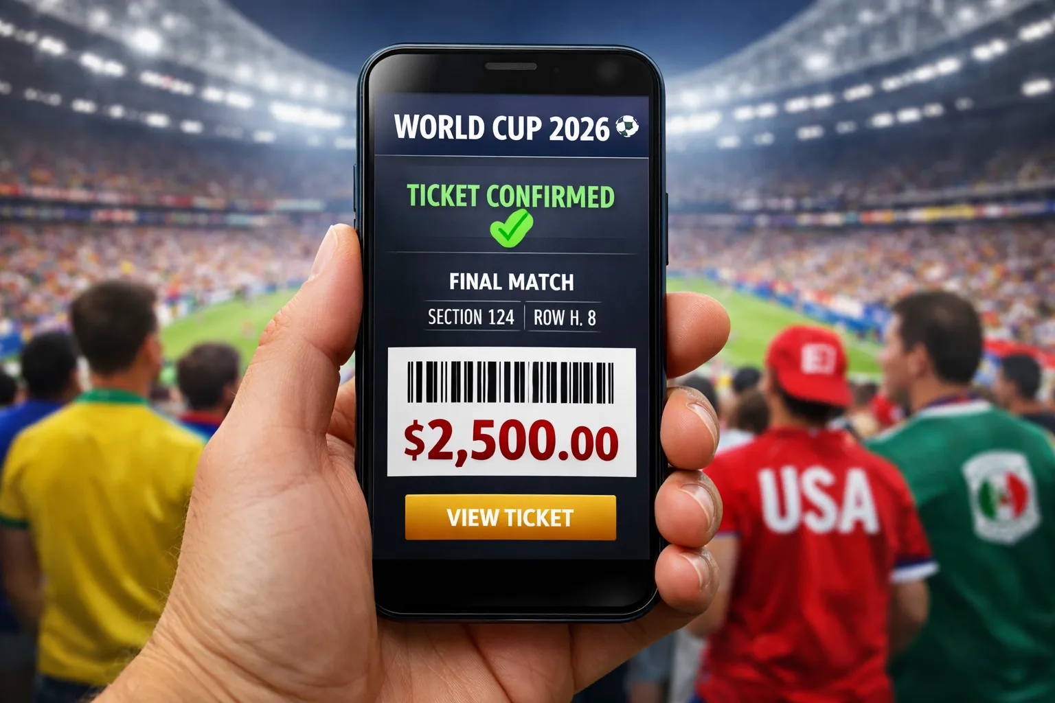 A conceptual image showing a smartphone screen with a high-priced World Cup 2026 ticket confirmation, with a massive modern stadium in the background.