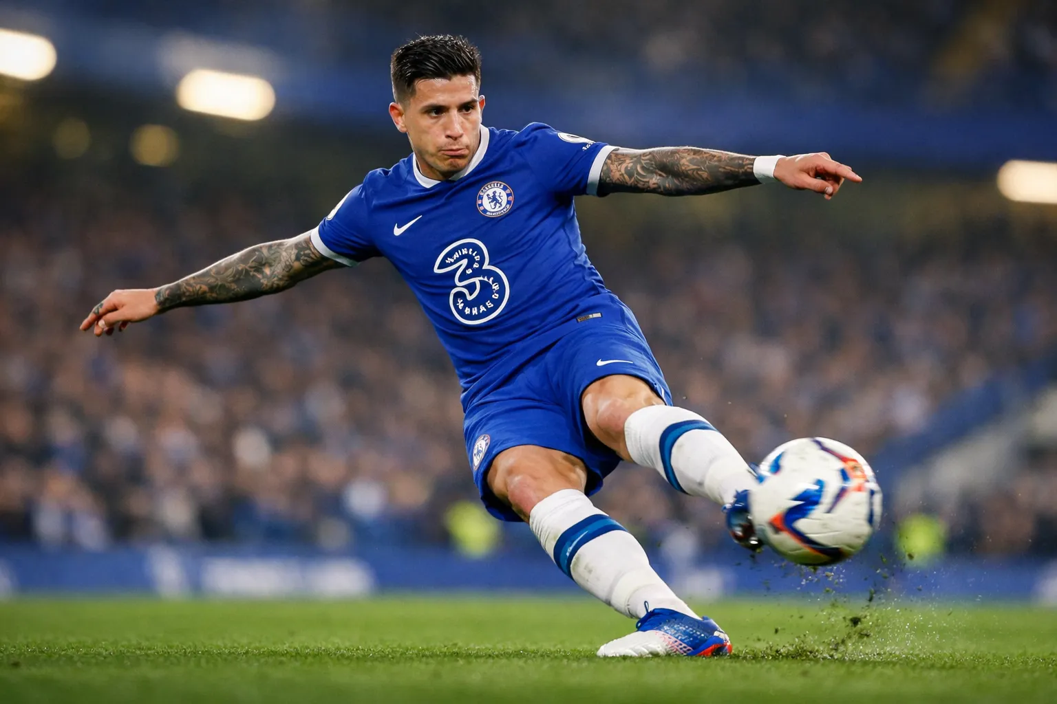 A highly detailed and recognizable representation of Enzo Fernandez, a technical midfielder, wearing a Chelsea home kit in a dynamic midfield pose at Stamford Bridge.