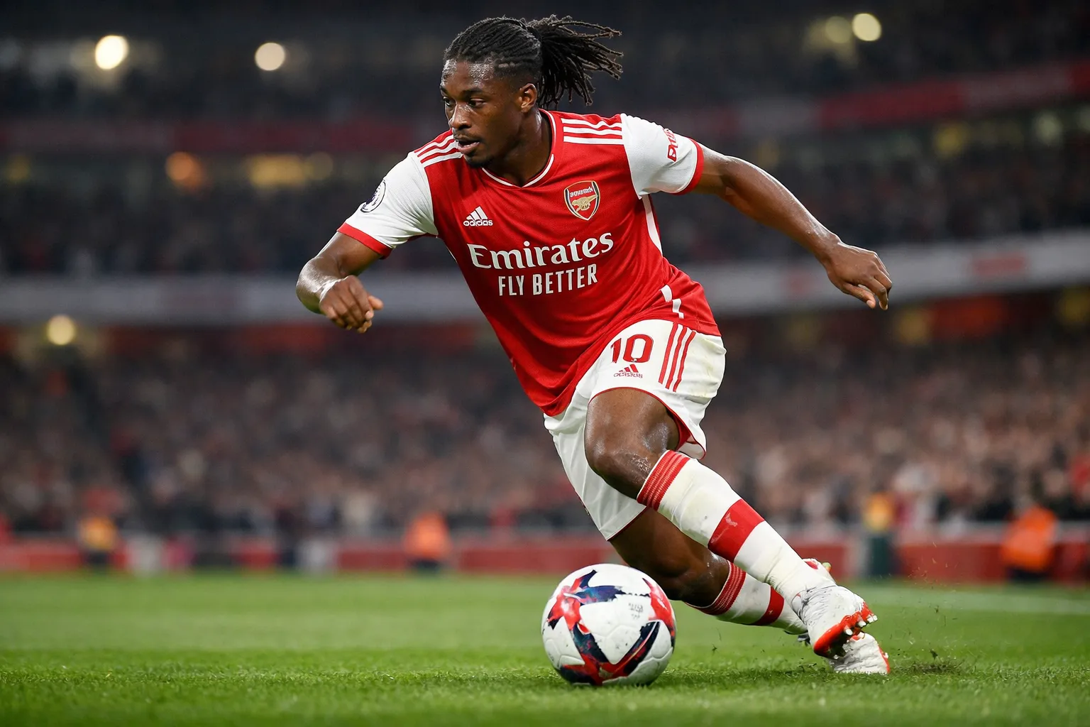 A highly detailed and recognizable representation of Eberechi Eze, a technical attacking midfielder with long twists, wearing an Arsenal home kit in a dynamic attacking pose.
