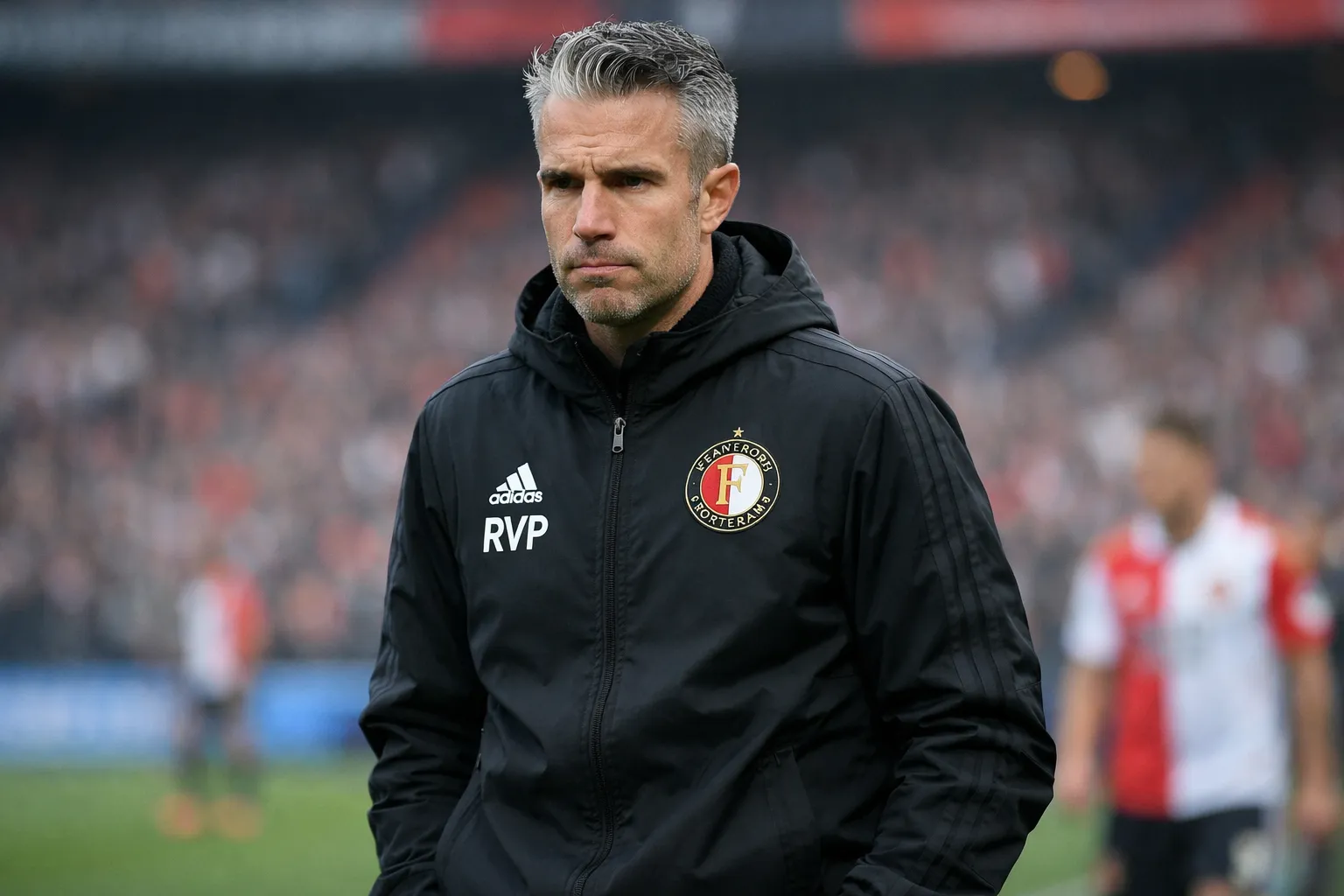 A highly detailed and recognizable representation of Robin van Persie as Feyenoord manager, with a focused and frustrated expression on the touchline.