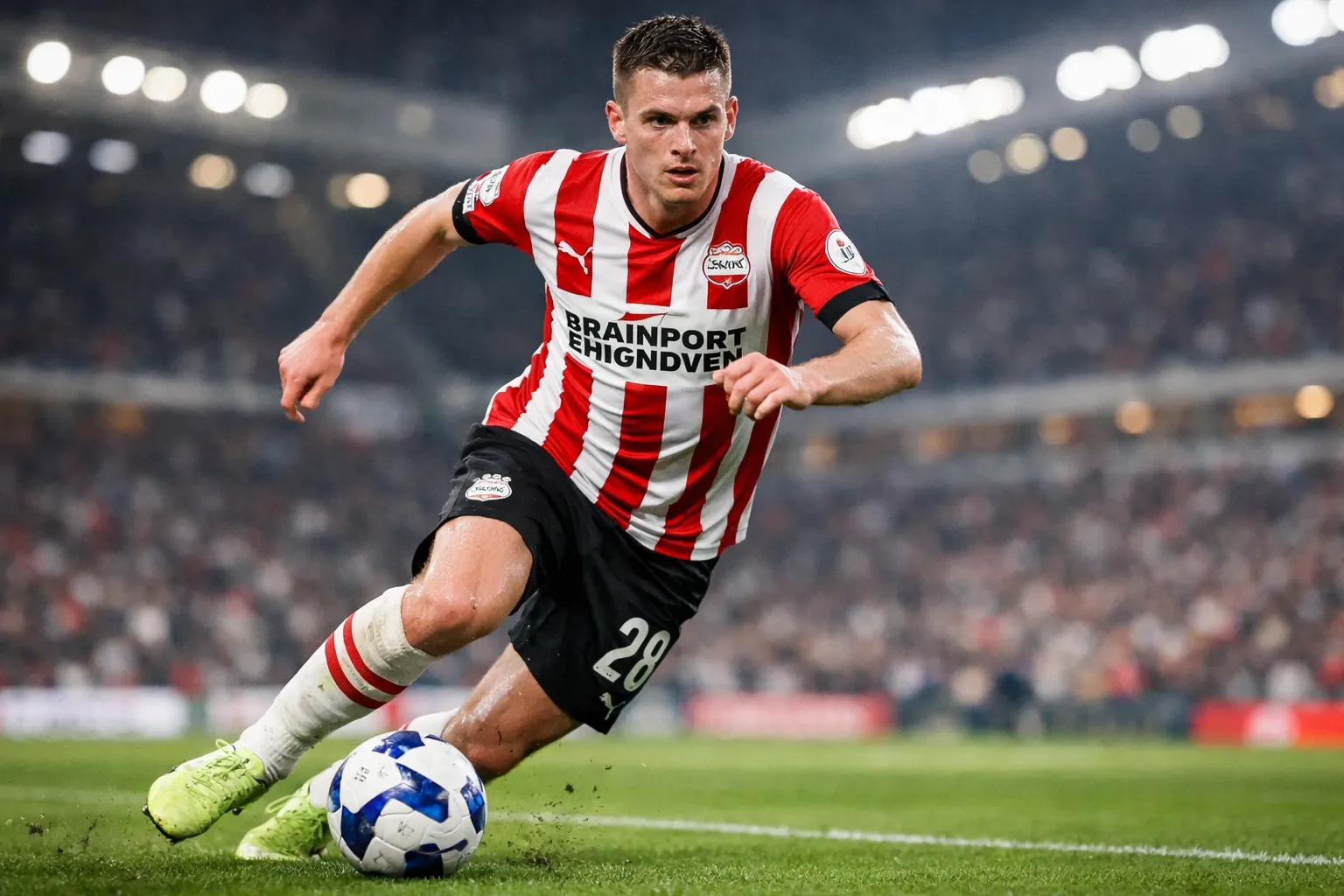A recognizable representation of Bart van Rooij, a technical right-back, wearing a PSV Eindhoven home kit in a dynamic action pose at the Philips Stadion.