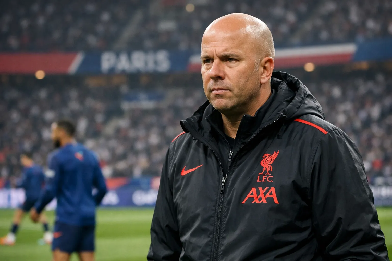 A highly detailed and recognizable representation of Arne Slot as Liverpool manager, with a focused and intense expression on the touchline during a match against PSG.