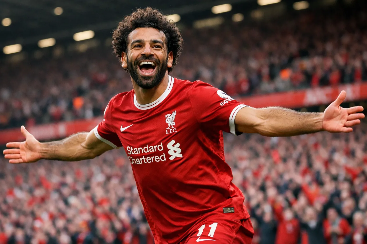 A highly detailed and recognizable representation of Mohamed Salah celebrating a goal in a Liverpool home kit at a cheering Anfield stadium.