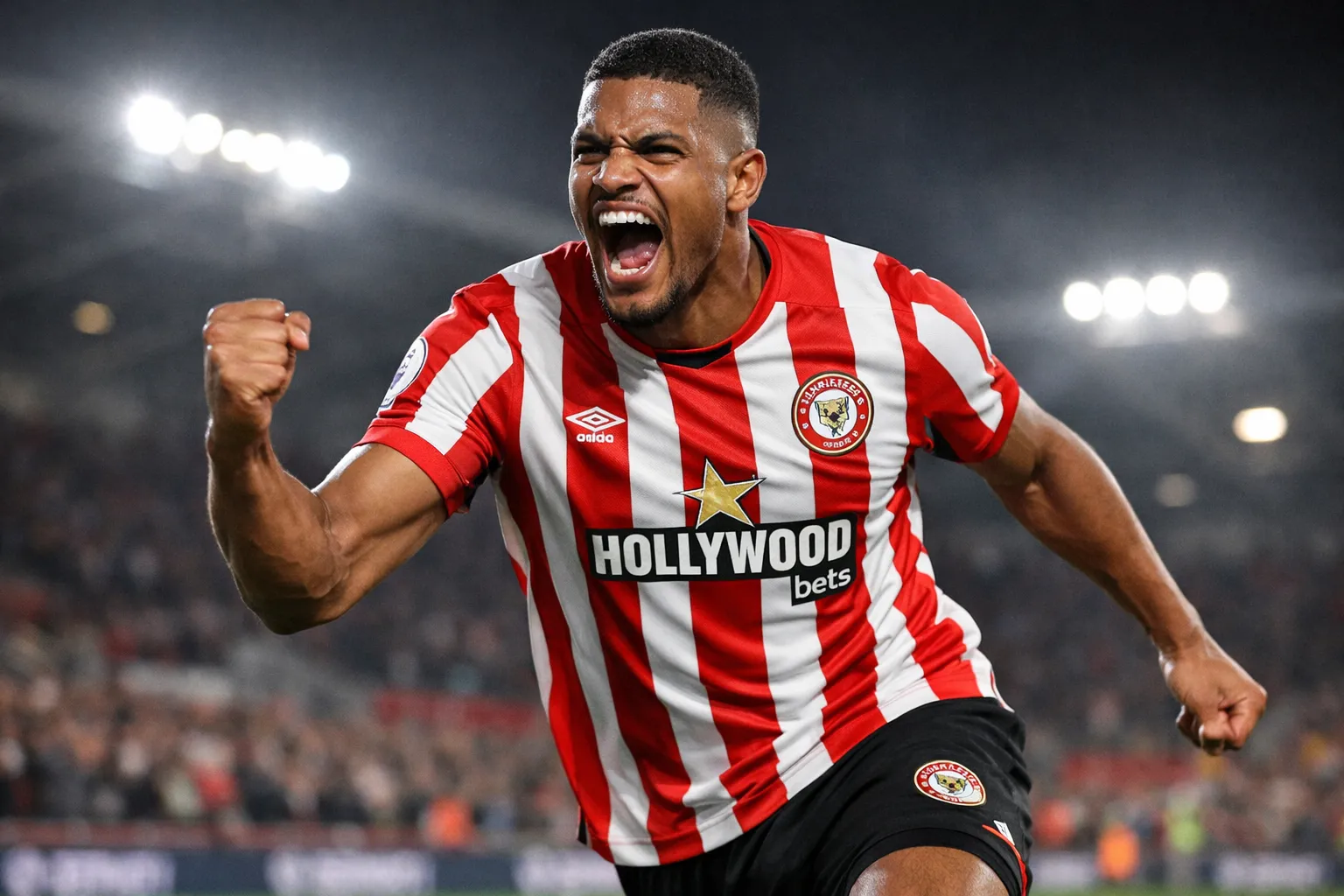 A recognizable representation of Igor Thiago, a powerful Brentford striker, celebrating a goal in the 2026 home kit at the Gtech Community Stadium.