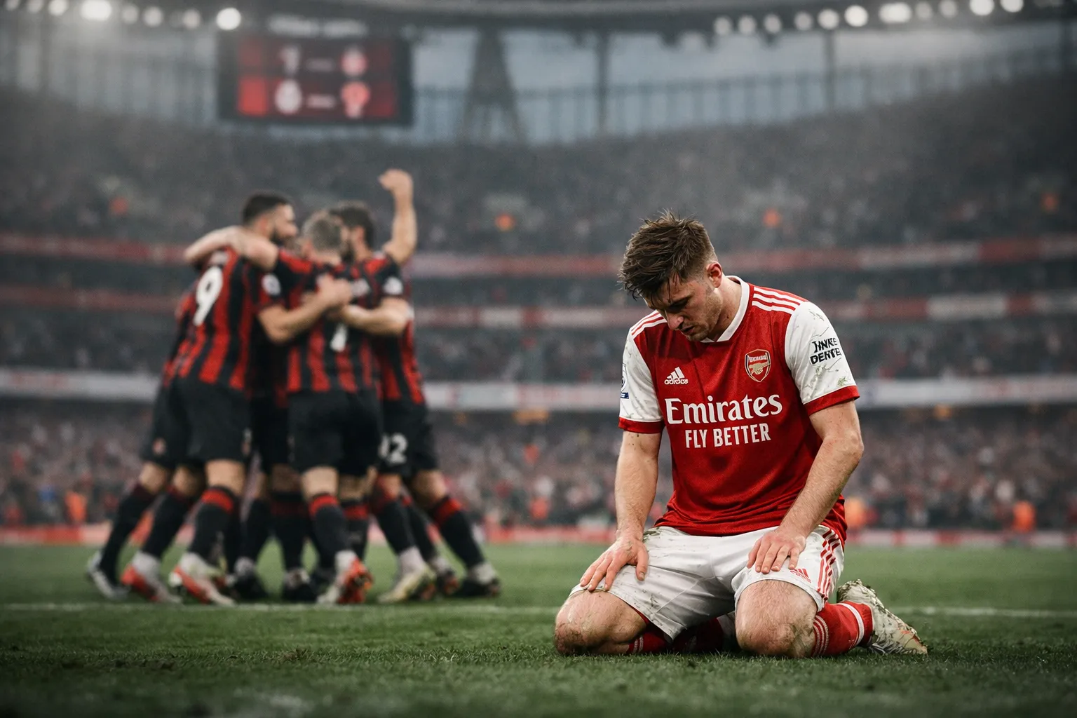 A conceptual image of the tense atmosphere at the Emirates Stadium, with a blurred scoreboard showing a 1-2 loss to Bournemouth and frustrated Arsenal players.