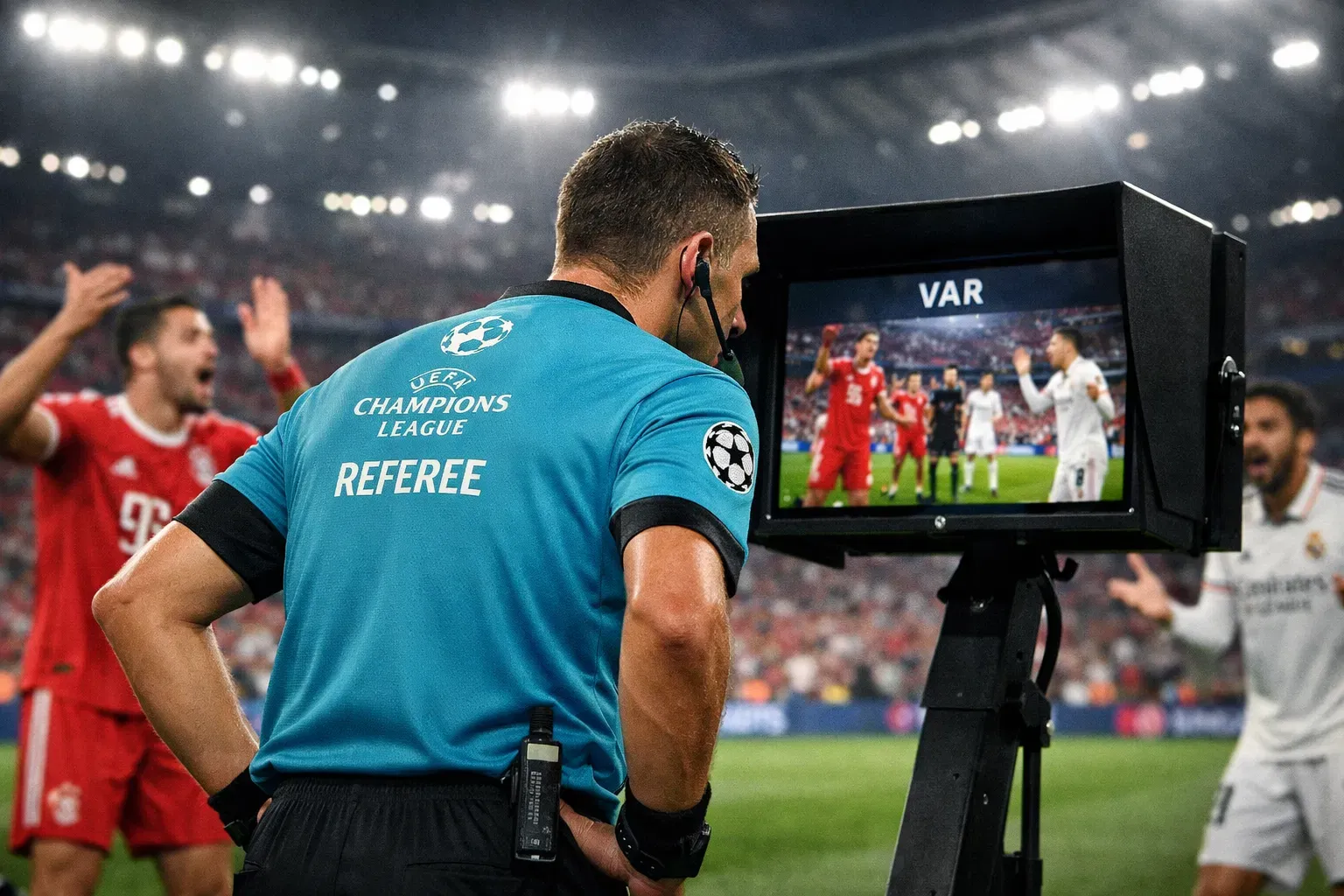 A conceptual image of a referee in the 2026 UCL kit reviewing a VAR monitor, with blurred Bayern Munich and Real Madrid players expressing frustration in the background.