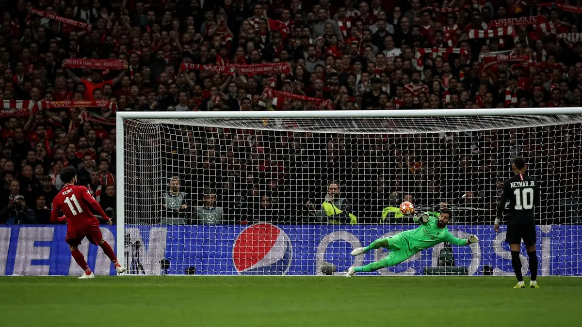 Champions League final penalty shootout between Arsenal and PSG in Budapest, with Jeremie Frimpong's celebration sparking controversy