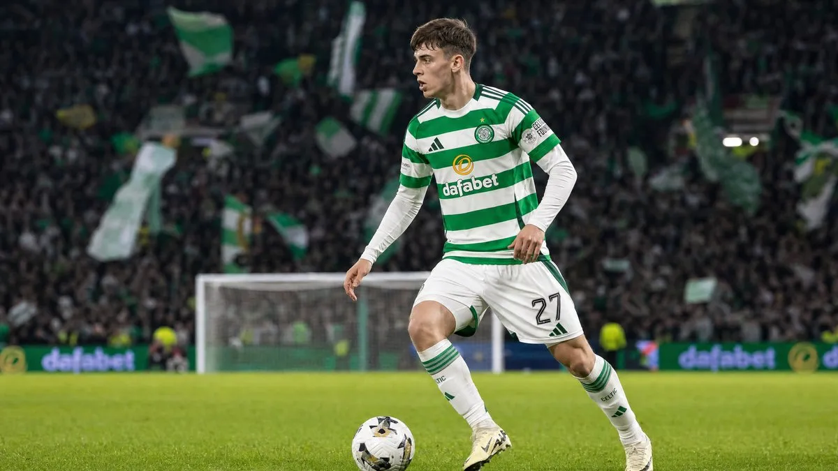 Arne Engels in action for Celtic Glasgow as AC Milan and Premier League clubs monitor the Belgian midfielder's transfer situation