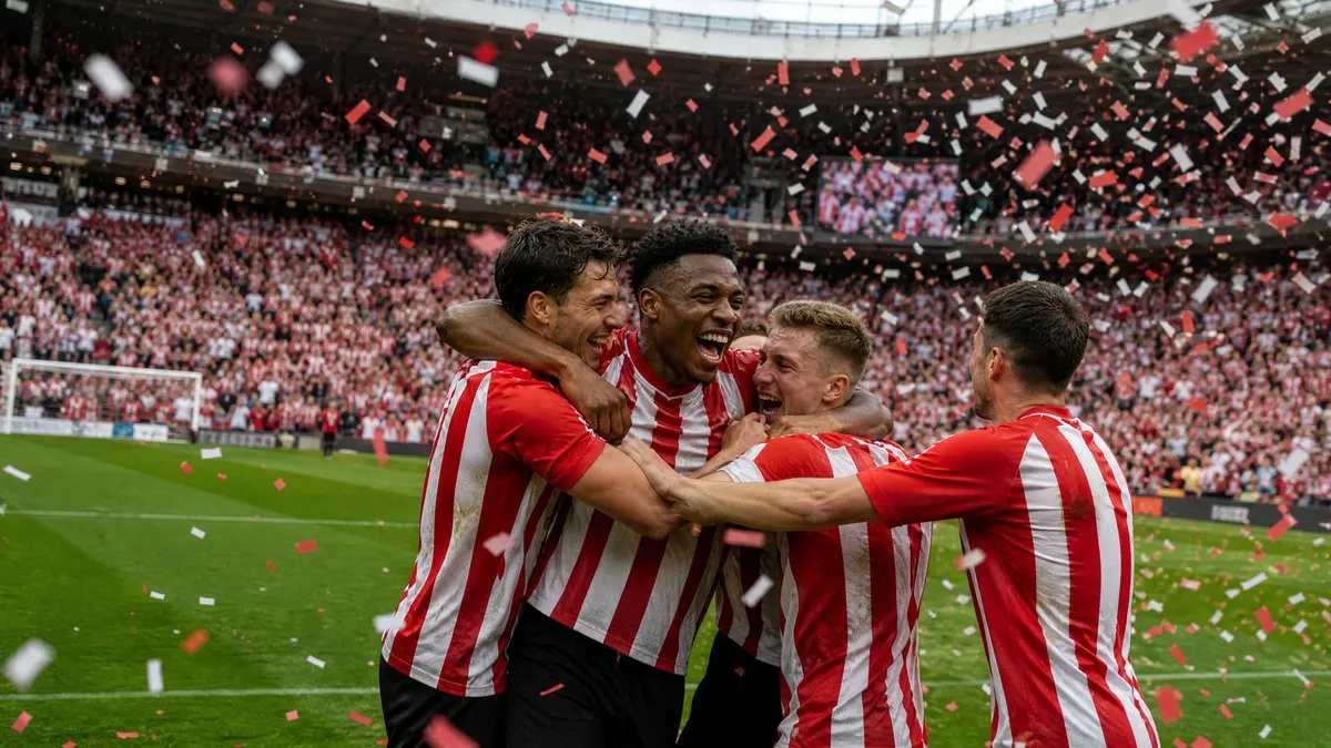 Sunderland players celebrate at the Stadium of Light as Régis Le Bris's side complete a stunning Premier League finish
