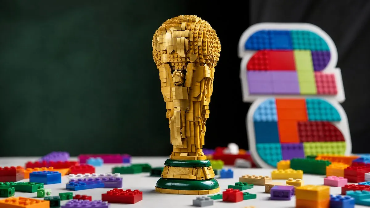 FIFA World Cup 2026 official Lego trophy building set with golden World Cup model and colourful bricks
