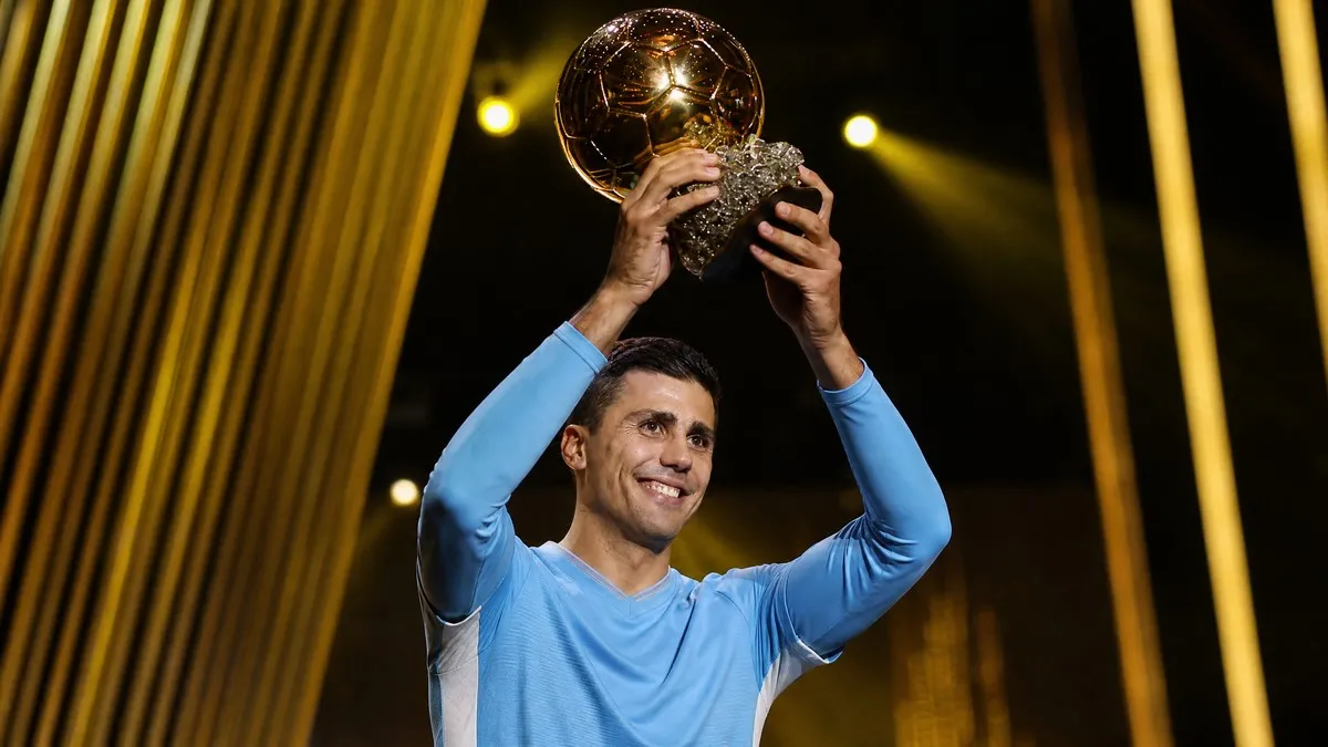 Rodri lifts the 2024 Ballon d'Or trophy, reflecting on his Manchester City and Spain Euro 2024 triumphs