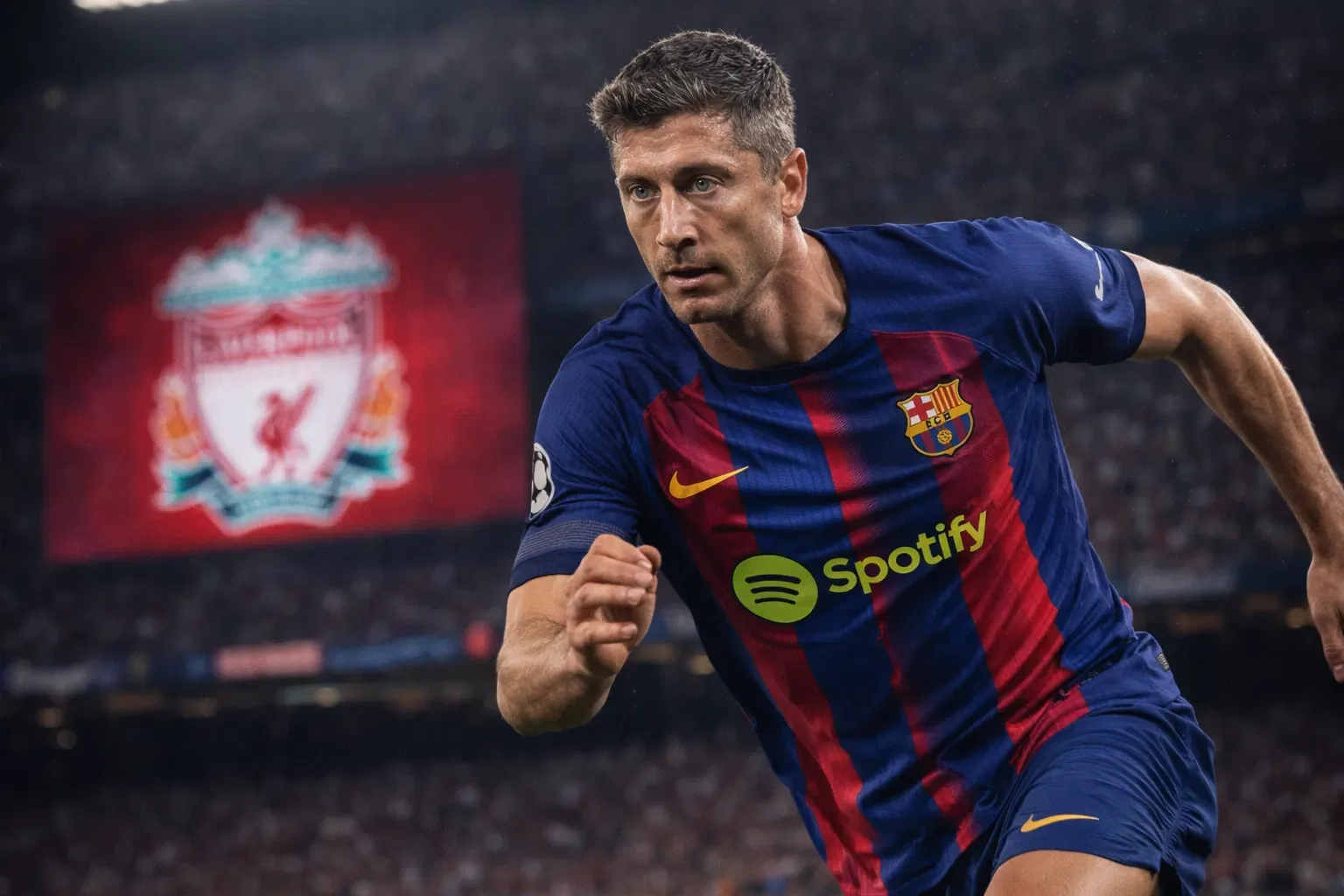 A veteran striker in a Barcelona kit looking focused, with a blurred Liverpool crest on a scout's notebook.