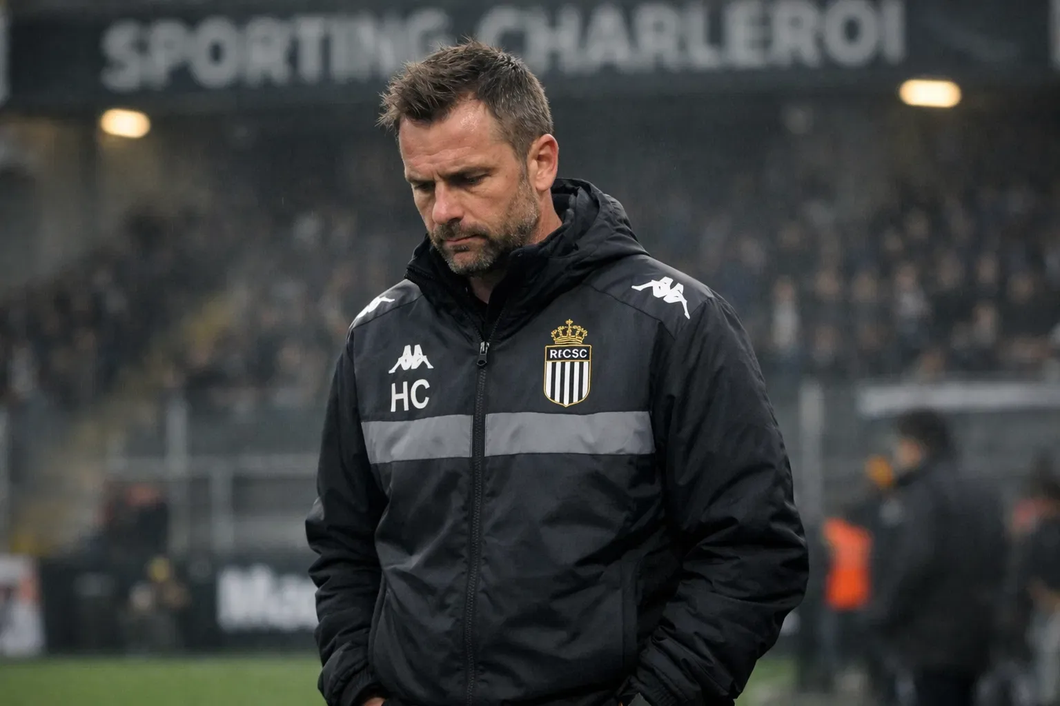 A highly detailed and recognizable representation of Hans Cornelis with a somber expression on the touchline, with a blurred Sporting Charleroi stadium in the background.