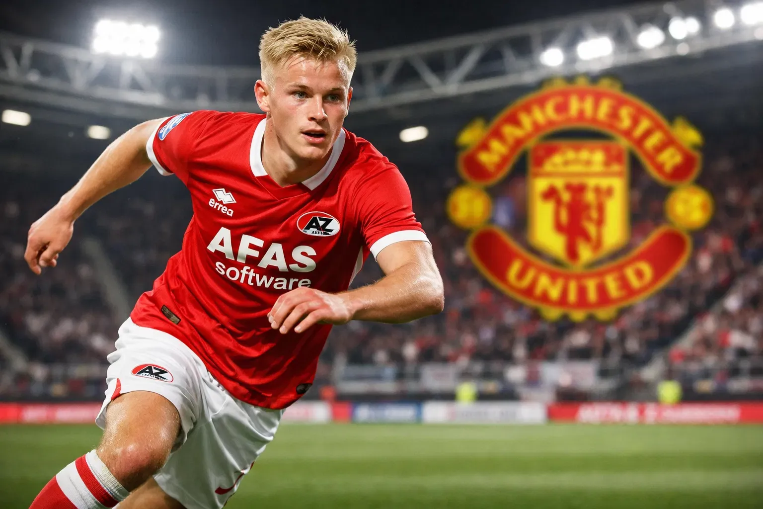 A highly detailed and recognizable representation of Kees Smit in an AZ Alkmaar kit, with a blurred Manchester United crest in the background representing transfer interest.