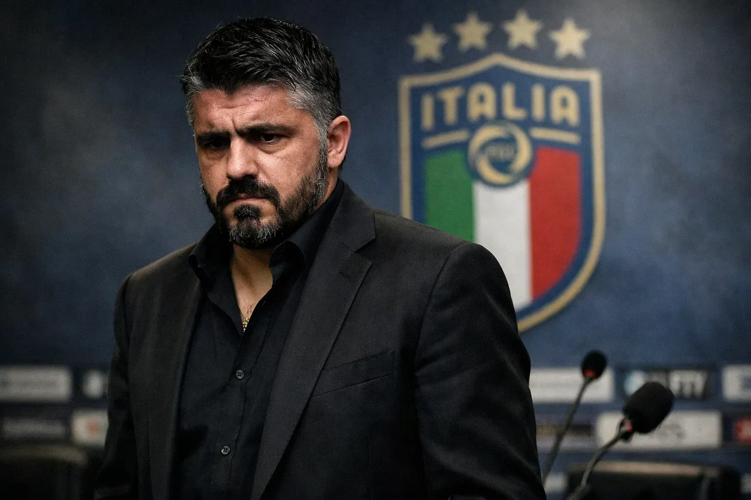 A dramatic editorial photograph of Gennaro Gattuso in a professional dark suit, featuring an accurate facial likeness with a somber and intense expression in a press conference room with the Italy national team crest in the background.