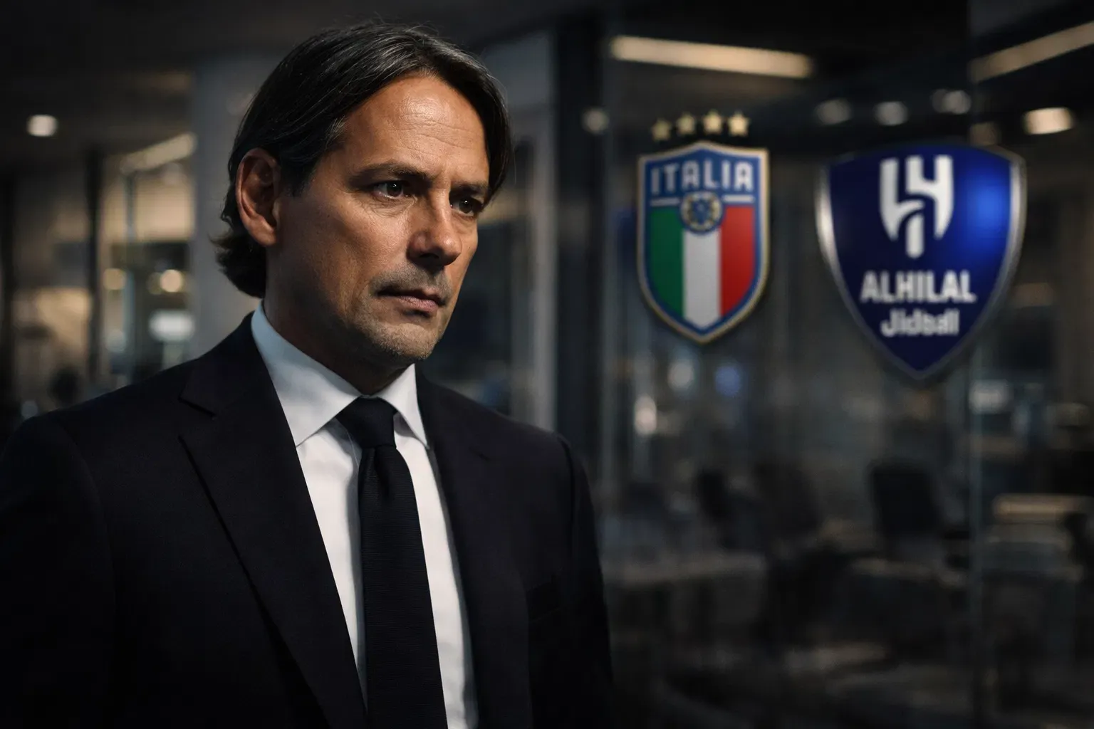 A cinematic editorial photograph of Simone Inzaghi in a dark tailored suit, featuring an accurate facial likeness and the Italy national team crest and Al-Hilal club logo subtly displayed in the background to represent the ongoing talks amid the national team crisis.