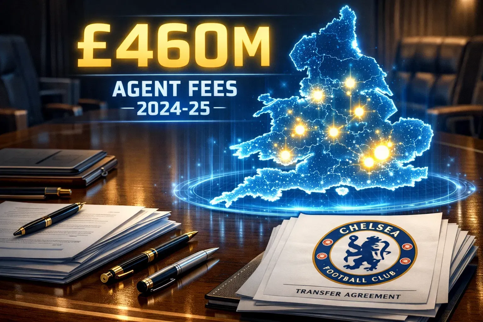 A symbolic editorial illustration of a boardroom table with transfer documents and a holographic map of England, featuring a bold digital readout of '£460M' and 'AGENT FEES 2024-25' with the Chelsea FC crest prominently displayed.