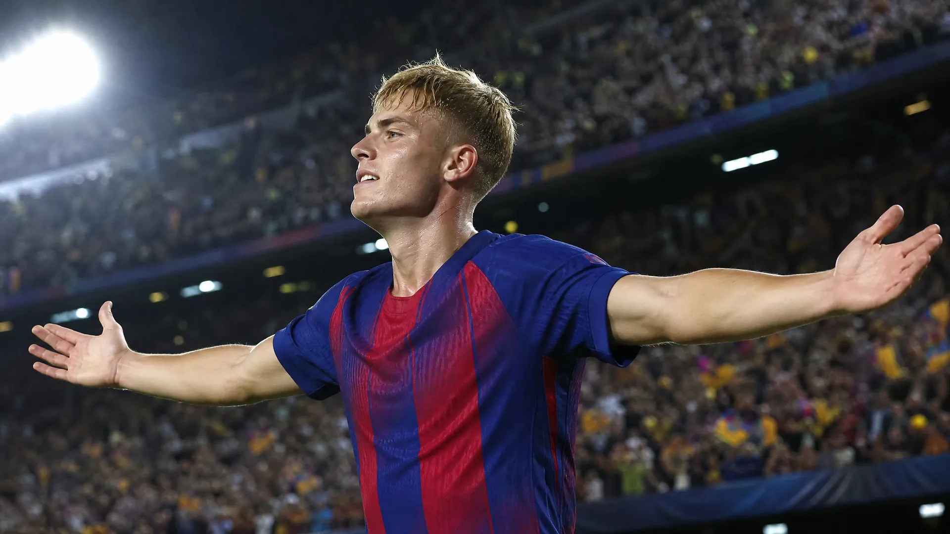 Anthony Gordon celebrating in Barcelona's blue and red kit after his £70m transfer, with Marcus Rashford set to offer mentorship