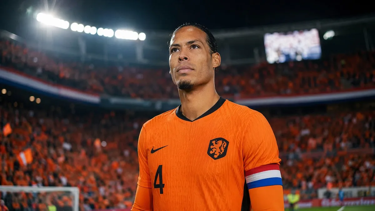 Virgil van Dijk in Netherlands orange kit contemplating his World Cup future with the Oranje national team