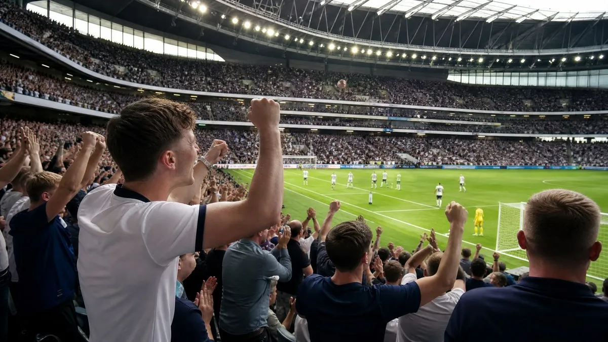 Tottenham Hotspur fans celebrating at the Tottenham Hotspur Stadium during a Premier League match