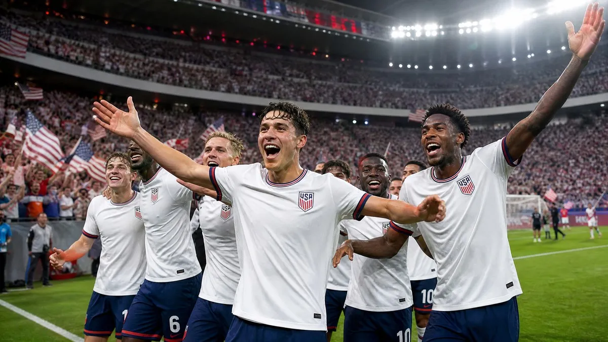 USMNT players celebrating in USA white kit at the 2026 World Cup with American flags in the stadium