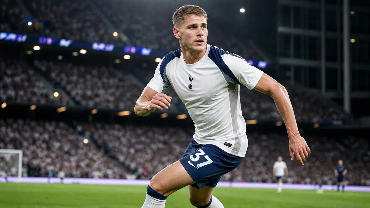 Micky van de Ven sprinting in Tottenham Hotspur white kit as Real Madrid transfer interest puts Spurs on alert