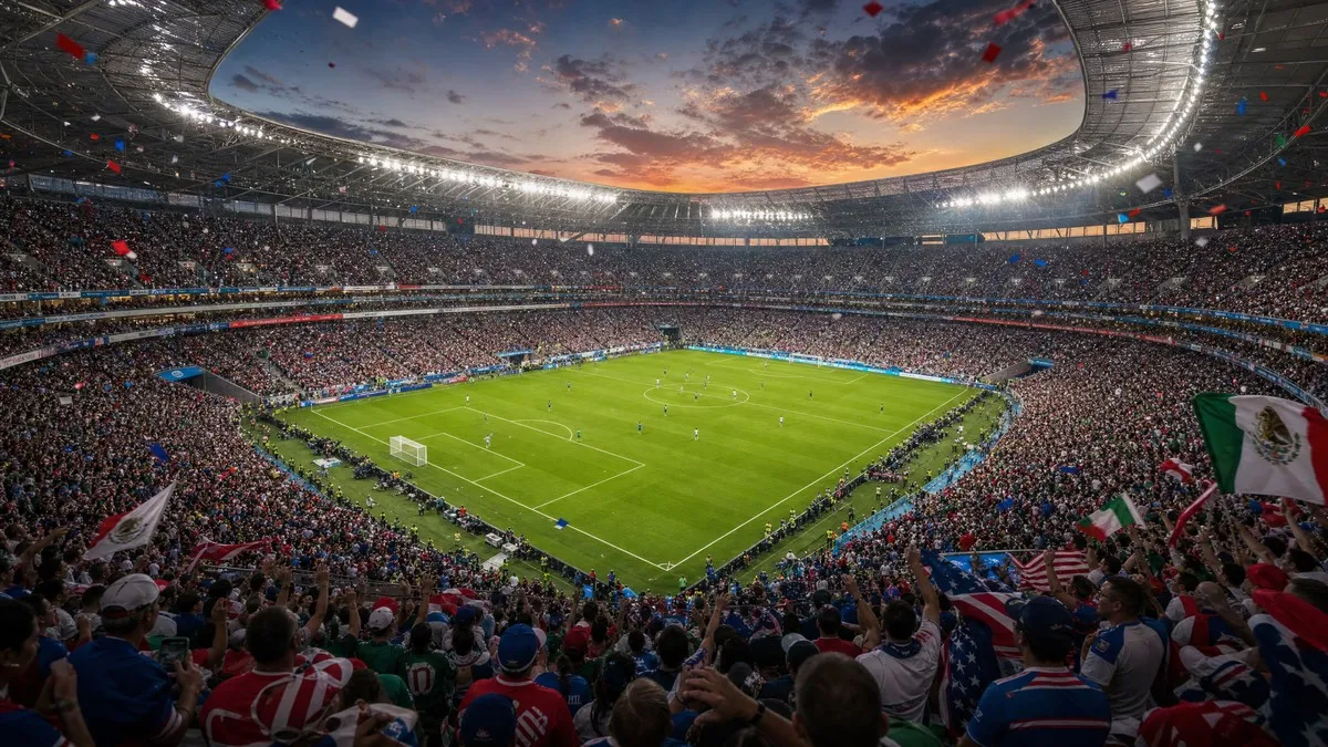 Packed stadium atmosphere at the 2026 FIFA World Cup in North America with floodlit pitch and massive crowd