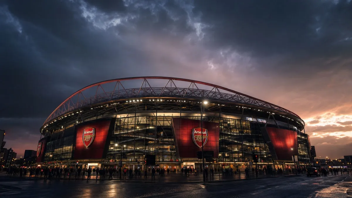 Emirates Stadium exterior at dusk as Arsenal FC faces backroom upheaval following sports medicine dismissal