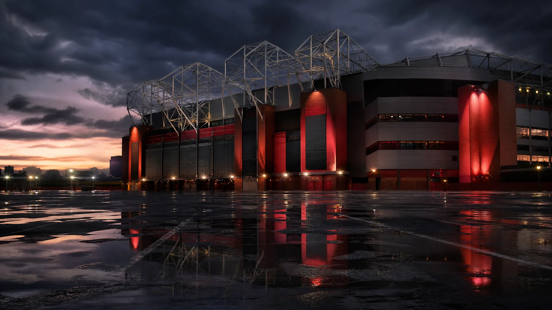 Old Trafford stadium at dusk reflecting on Manchester United's costly Glazer era transfer flops and failed signings