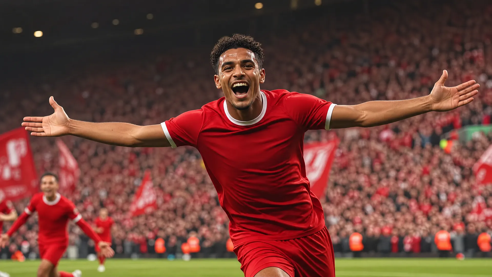 Mohamed Salah celebrating a goal in Liverpool's red kit at Anfield as his contract future and next move remains uncertain