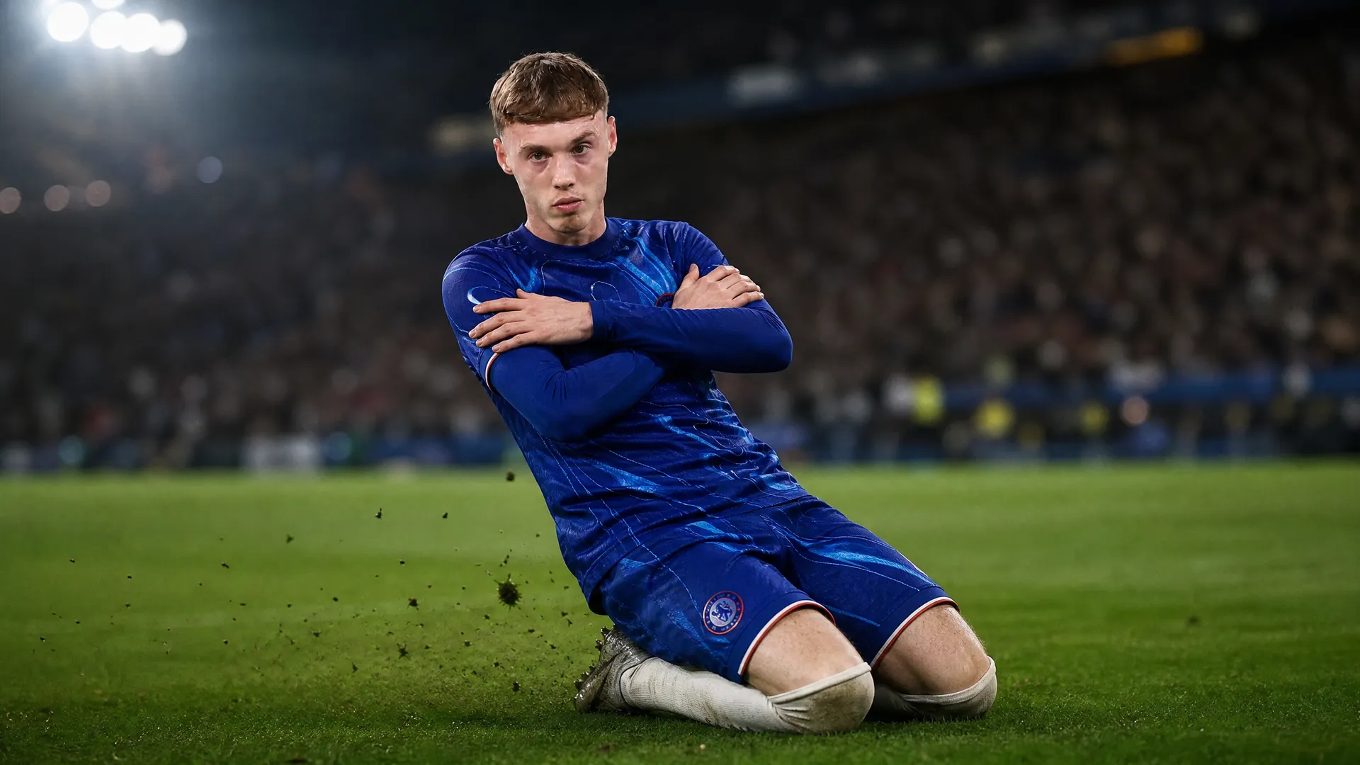 Cole Palmer in Chelsea blue kit with a theatrical goal celebration as news breaks of his appearance in Madonna's Confessions II film