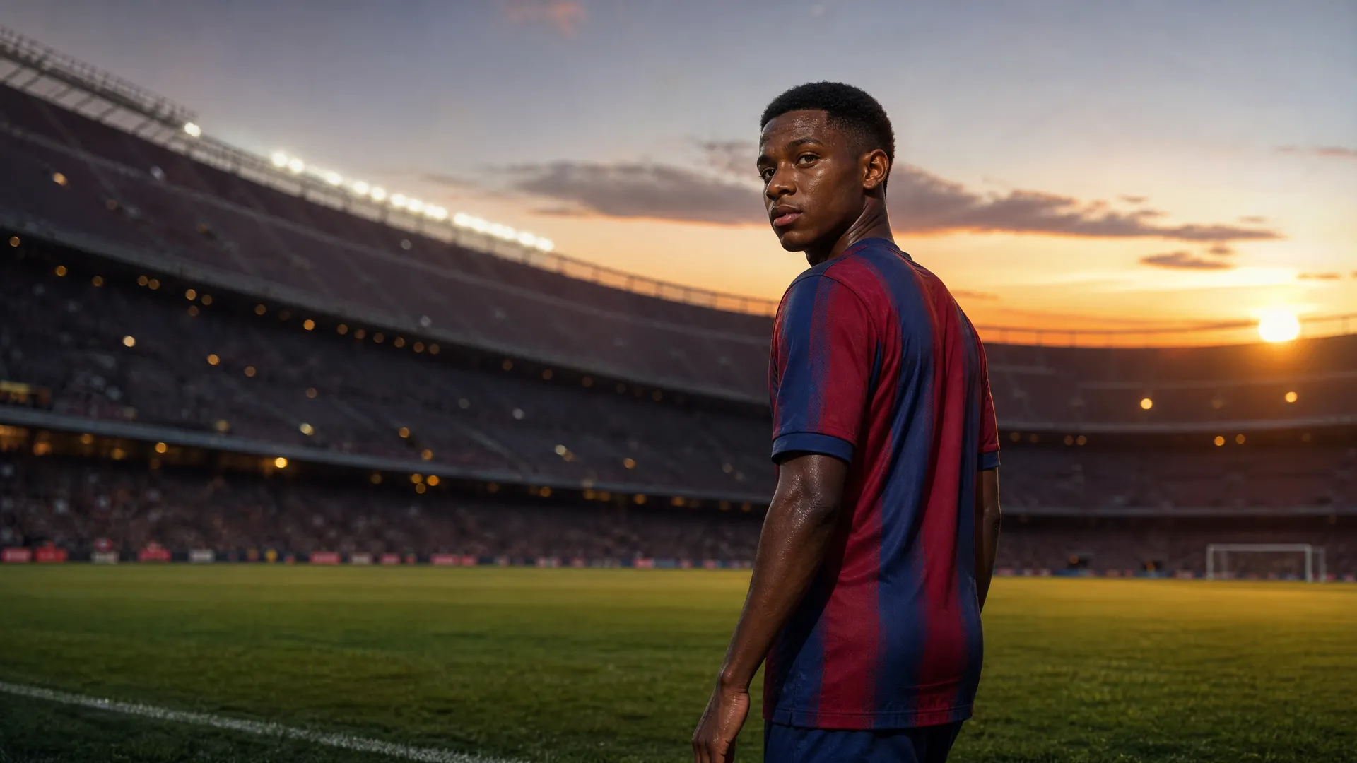 Marcus Rashford in Barcelona's red and blue stripes looking back at Camp Nou at sunset as his loan spell comes to an end