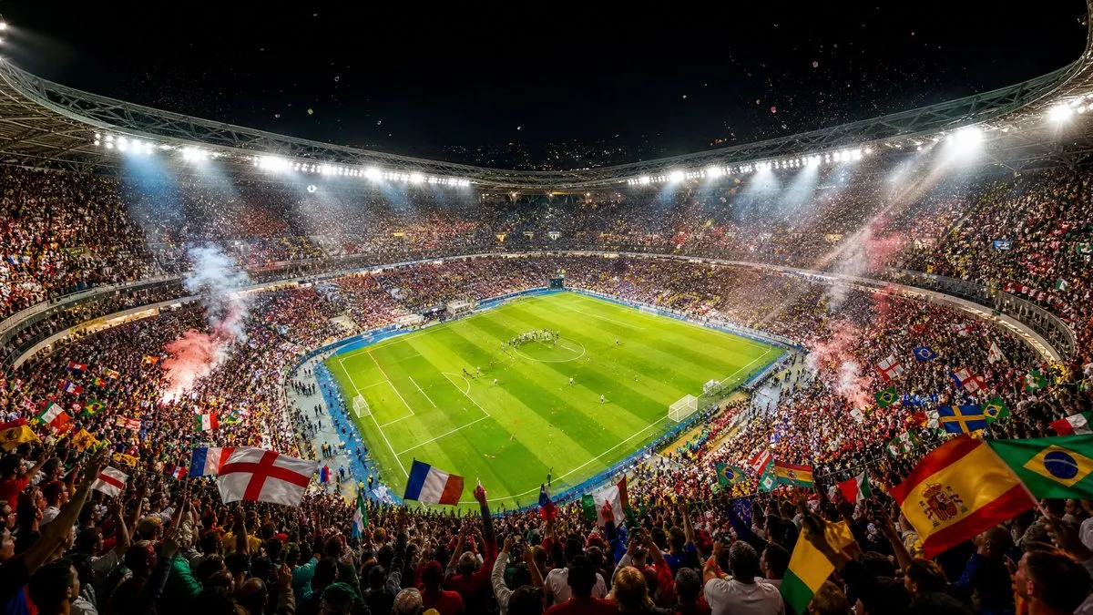 Packed World Cup 2026 stadium in the USA with fans waving England, Spain, France and Brazil flags in a night match atmosphere