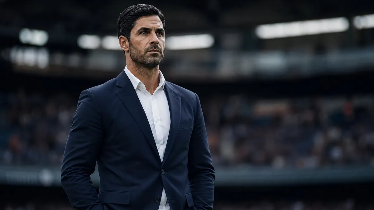 Alvaro Arbeloa, dressed in a dark suit, stands on a football pitch touchline, looking contemplative amidst a blurred stadium background.
