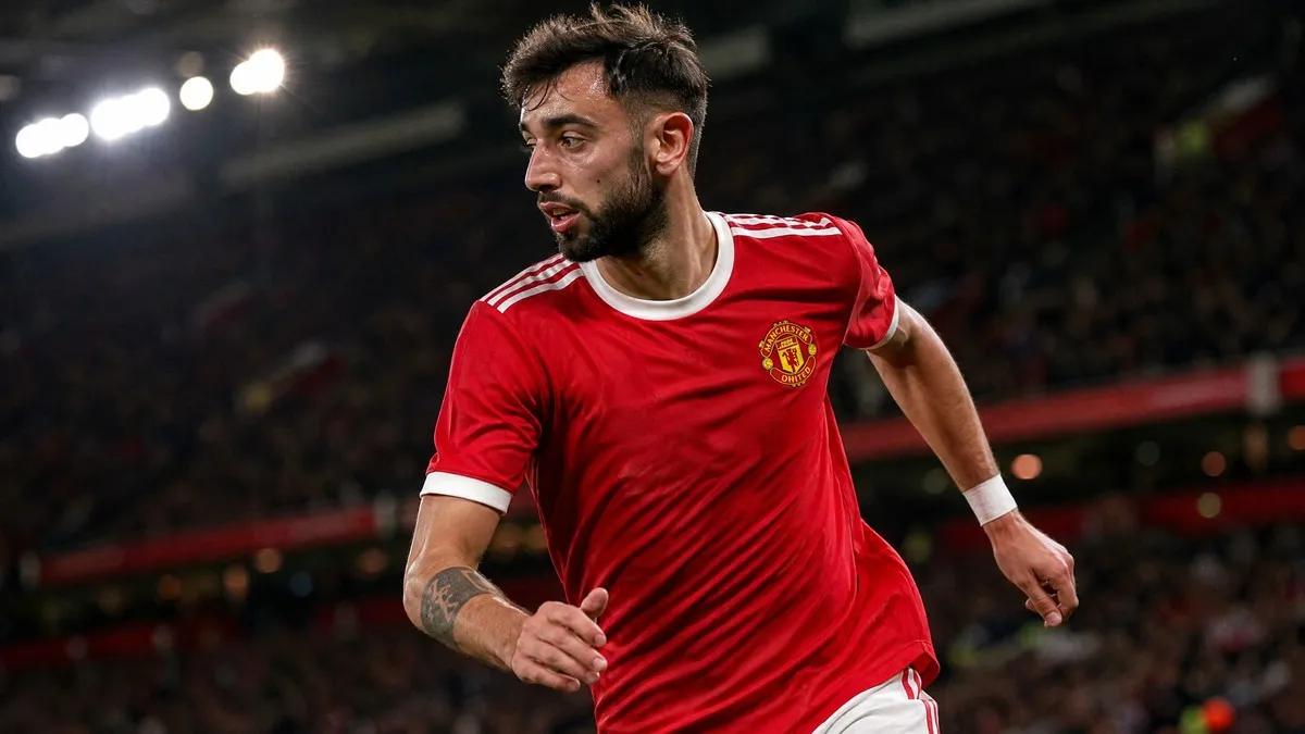 Bruno Fernandes in action, wearing his red Manchester United kit, on the pitch of a floodlit stadium during a Premier League match.