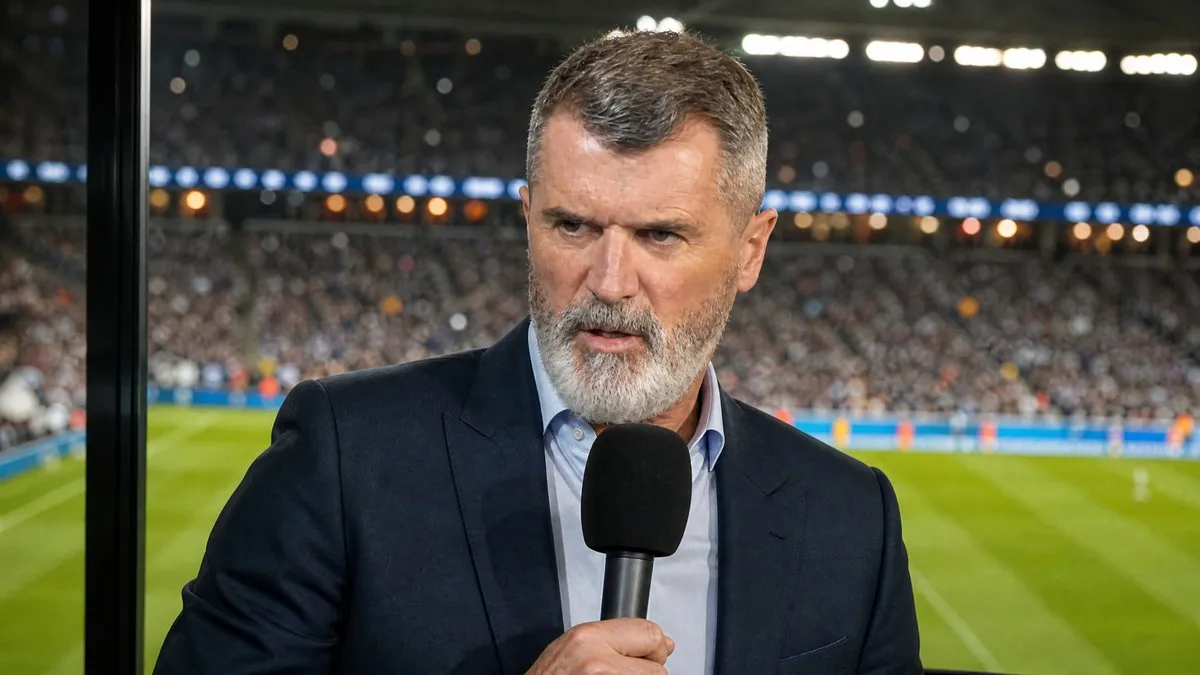 Roy Keane speaking as a football pundit at a World Cup broadcast position, commenting on England's exit and future hopes