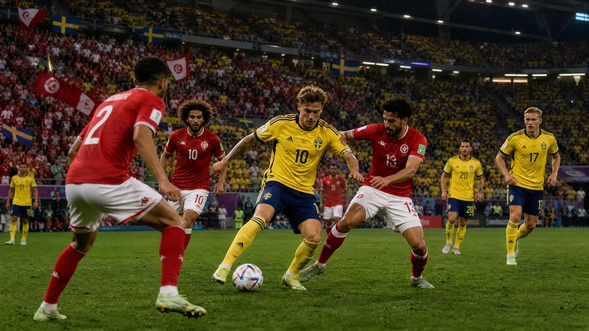 Sweden and Tunisia players contesting possession during their 2026 FIFA World Cup group stage match in a packed stadium